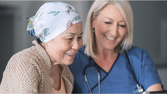 Woman with a headscarf, next to a healthcare professional image