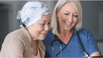 Woman with a headscarf, next to a healthcare professional image