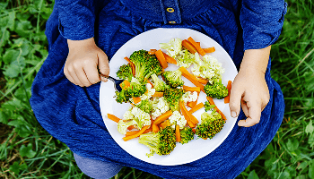 Plate of vegetables on a child's lap image